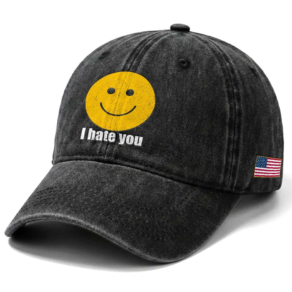 I Hate You Meme Distressed Smiling Face Washed Cotton Baseball Cap Dark Humor Sarcastic Funny Attitude