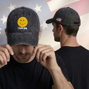 I Hate You Meme Distressed Smiling Face Washed Cotton Baseball Cap Dark Humor Sarcastic Funny Attitude