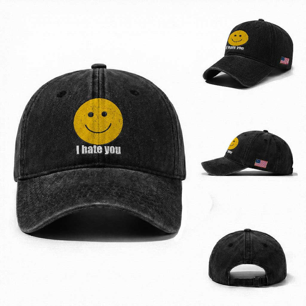 I Hate You Meme Distressed Smiling Face Washed Cotton Baseball Cap Dark Humor Sarcastic Funny Attitude