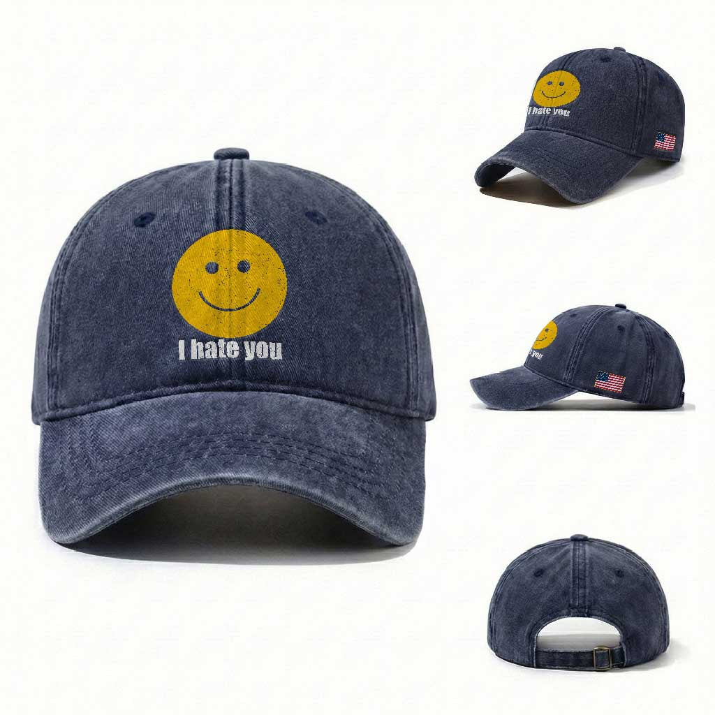 I Hate You Meme Distressed Smiling Face Washed Cotton Baseball Cap Dark Humor Sarcastic Funny Attitude