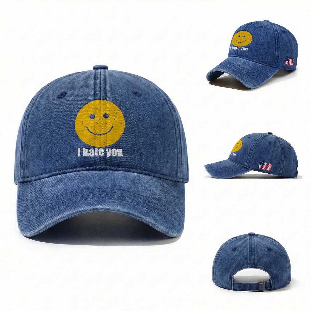 I Hate You Meme Distressed Smiling Face Washed Cotton Baseball Cap Dark Humor Sarcastic Funny Attitude