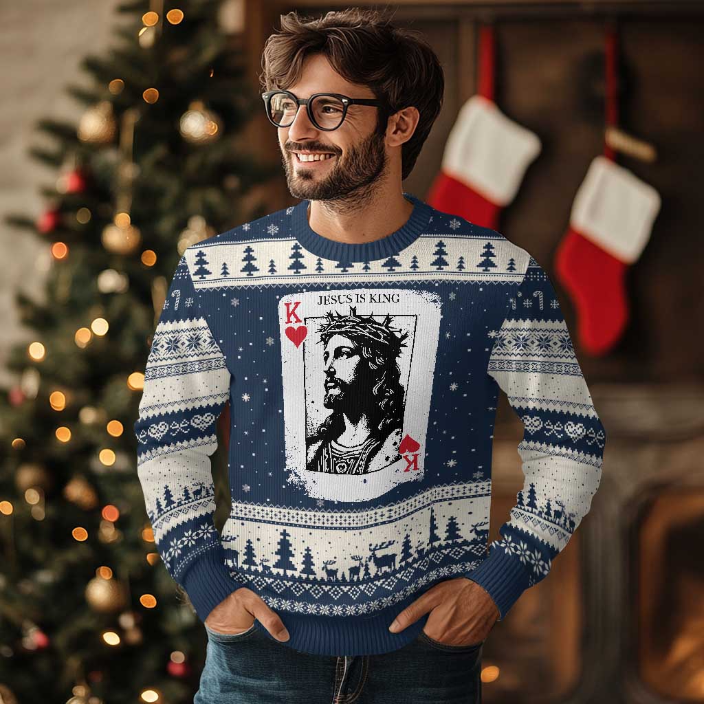 Jesus Is King Playing Card Graphic Ugly Christmas Sweater King of Hearts Christian Faith TS02 Navy Beige Print Your Wear
