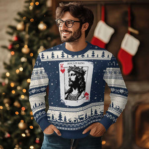 Jesus Is King Playing Card Graphic Ugly Christmas Sweater King of Hearts Christian Faith TS02 Navy Beige Print Your Wear