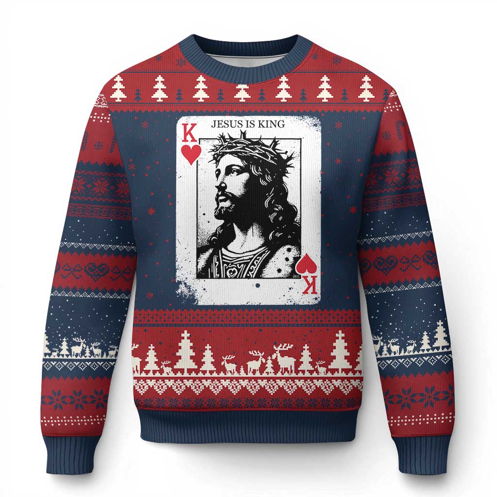 Jesus Is King Playing Card Graphic Ugly Christmas Sweater King of Hearts Christian Faith TS02 Navy Red Print Your Wear