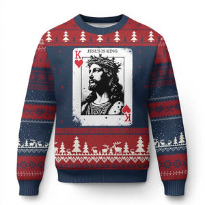 Jesus Is King Playing Card Graphic Ugly Christmas Sweater King of Hearts Christian Faith TS02 Navy Red Print Your Wear
