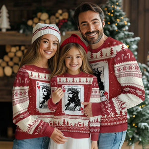 Jesus Is King Playing Card Graphic Ugly Christmas Sweater King of Hearts Christian Faith TS02 Red Beige Print Your Wear