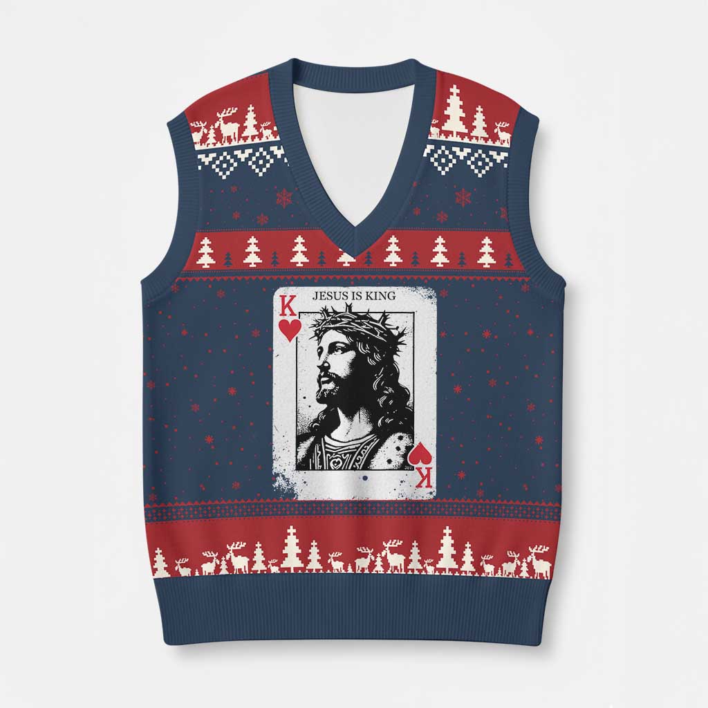Jesus Is King Playing Card Graphic V-Neck Knit Sweater Vest King of Hearts Christian Faith TS02 Navy Red Print Your Wear