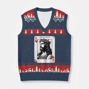 Jesus Is King Playing Card Graphic V-Neck Knit Sweater Vest King of Hearts Christian Faith TS02 Navy Red Print Your Wear