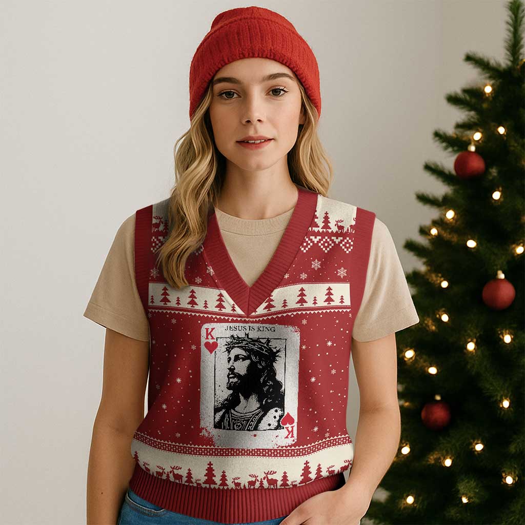 Jesus Is King Playing Card Graphic V-Neck Knit Sweater Vest King of Hearts Christian Faith TS02 Red Beige Print Your Wear