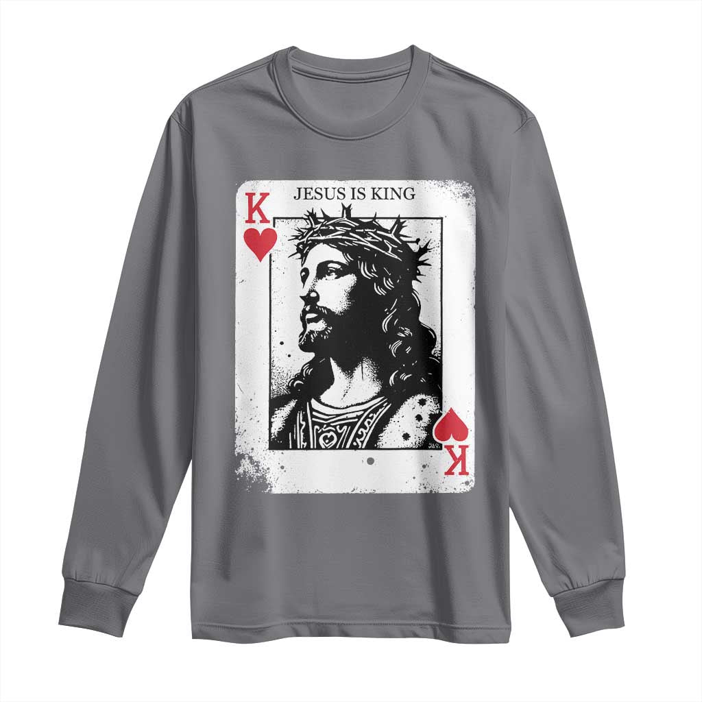 Jesus Is King Playing Card Graphic Long Sleeve Shirt King of Hearts Christian Faith TS02 Charcoal Print Your Wear