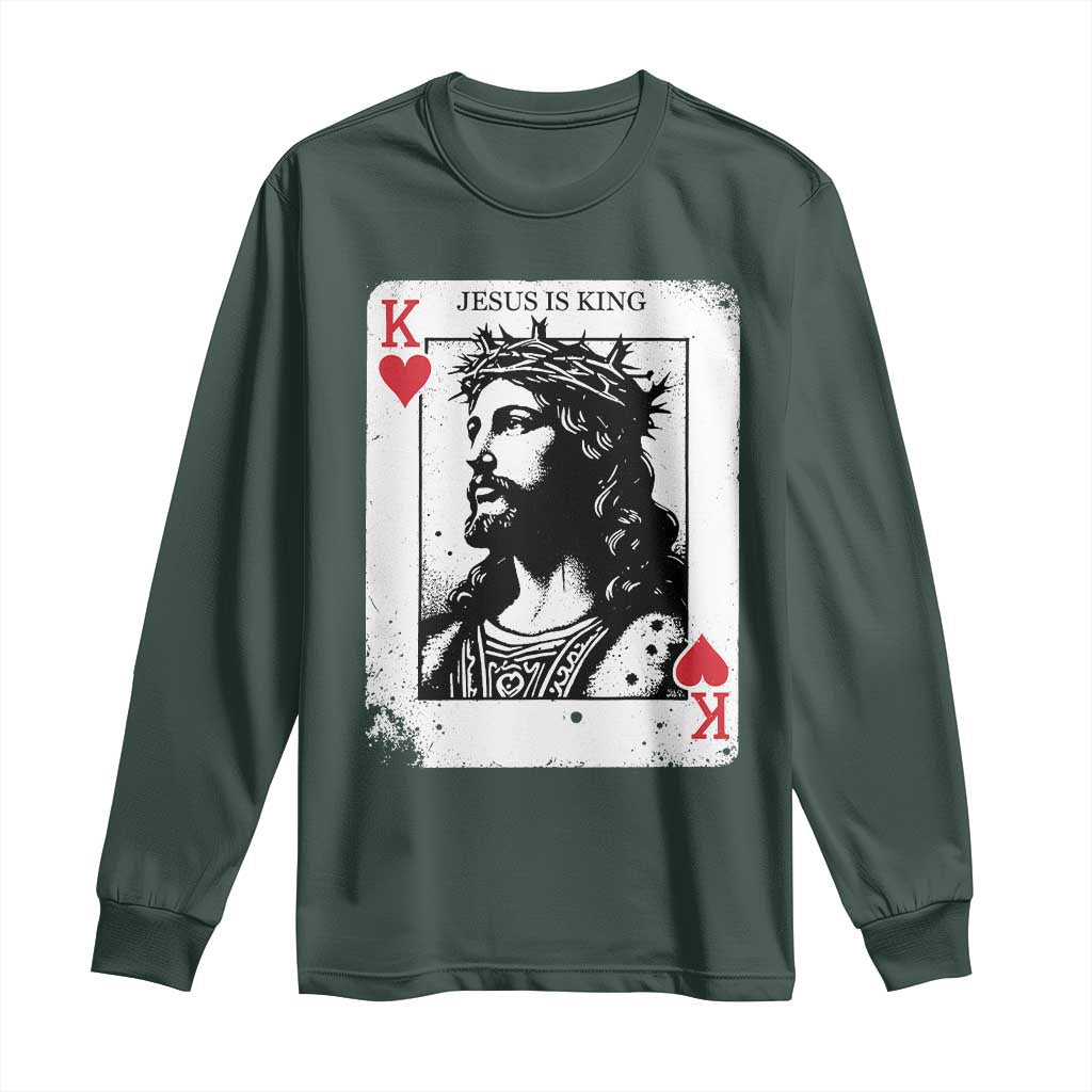 Jesus Is King Playing Card Graphic Long Sleeve Shirt King of Hearts Christian Faith TS02 Dark Forest Green Print Your Wear