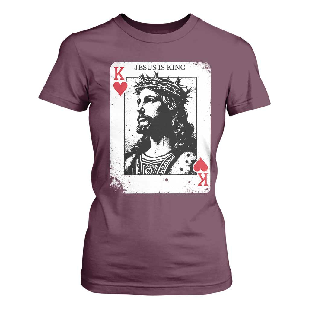 Jesus Is King Playing Card Graphic T Shirt For Women King of Hearts Christian Faith TS02 Maroon Print Your Wear