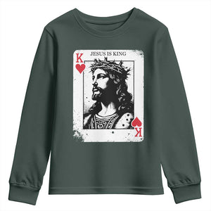 Jesus Is King Playing Card Graphic Youth Sweatshirt King of Hearts Christian Faith TS02 Dark Forest Green Print Your Wear
