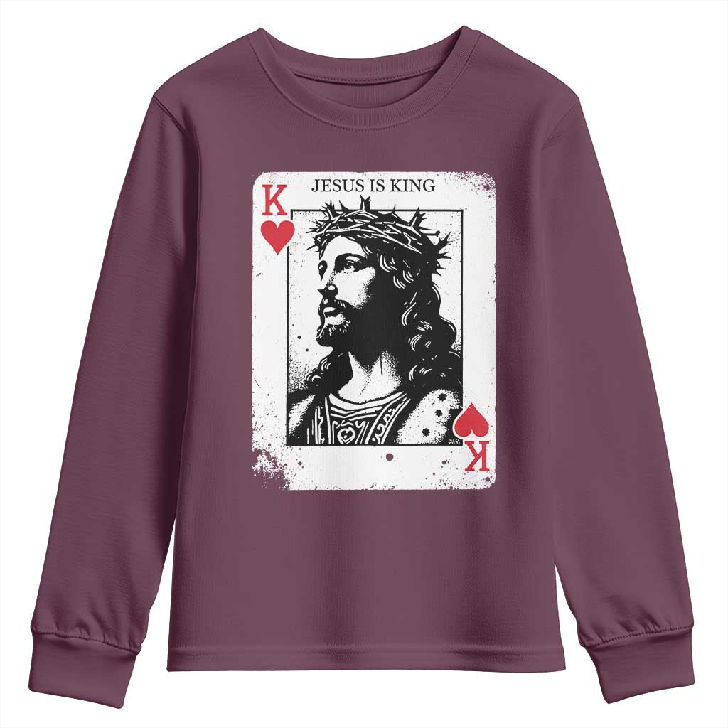 Jesus Is King Playing Card Graphic Youth Sweatshirt King of Hearts Christian Faith TS02 Maroon Print Your Wear