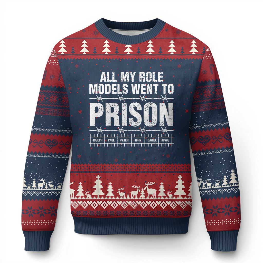 All My Role Models Went To Prison Ugly Christmas Sweater Biblical History Heroes Faith Statement TS02 Navy Red Print Your Wear