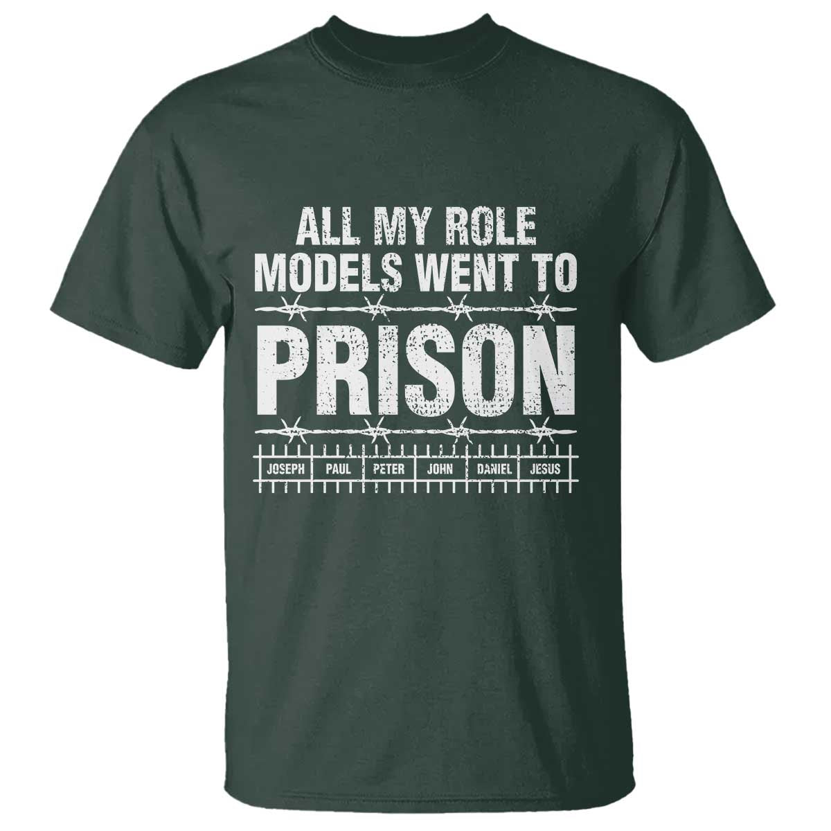 All My Role Models Went To Prison T Shirt Biblical History Heroes Faith Statement TS02 Dark Forest Green Print Your Wear