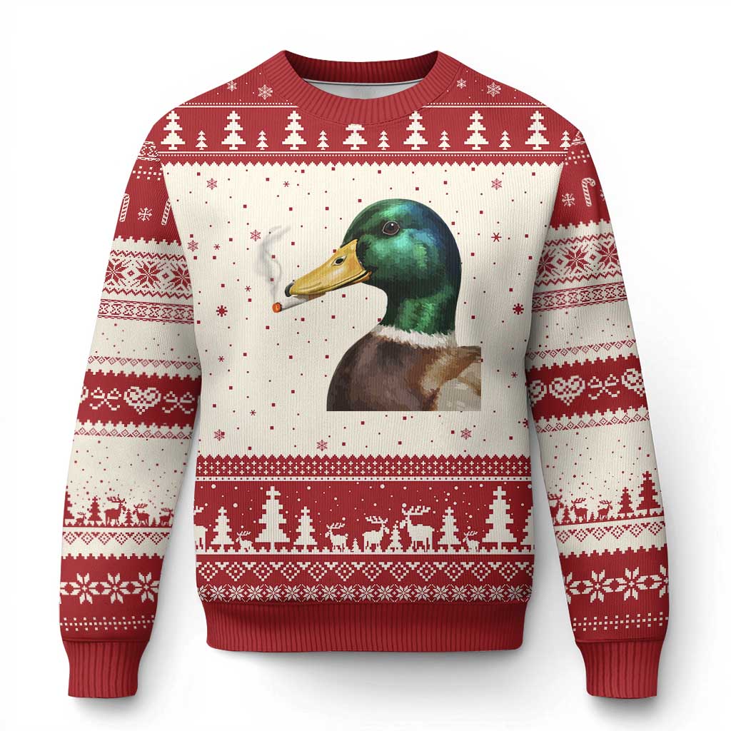 Smoking Mallard Meme Graphic Ugly Christmas Sweater Chaotic Funny Wild Duck Attitude Viral Internet Humor TS02 Beige Red Print Your Wear