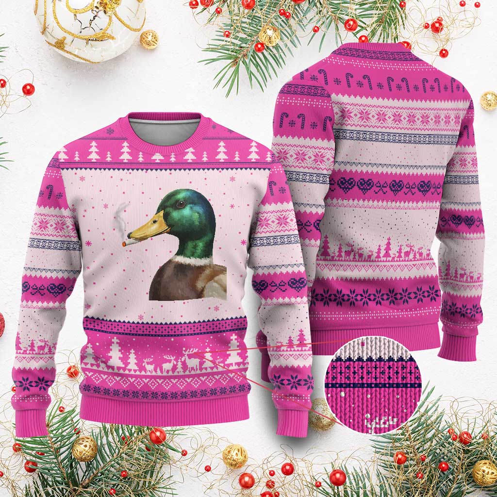 Smoking Mallard Meme Graphic Ugly Christmas Sweater Chaotic Funny Wild Duck Attitude Viral Internet Humor TS02 Hot Pink Print Your Wear