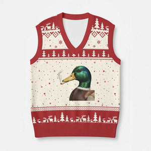 Smoking Mallard Meme Graphic V-Neck Knit Sweater Vest Chaotic Funny Wild Duck Attitude Viral Internet Humor TS02 Beige Red Print Your Wear