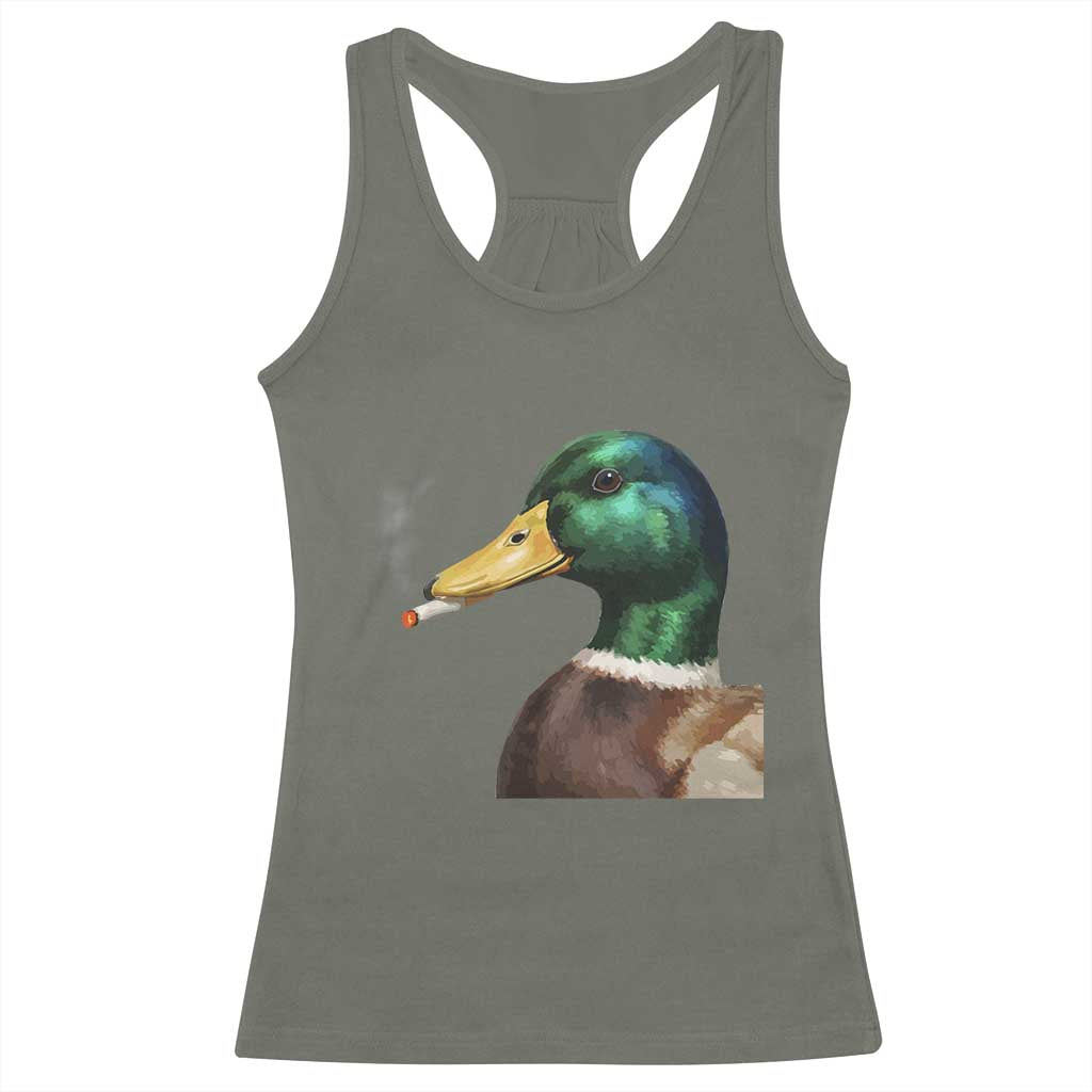 Smoking Mallard Meme Graphic Racerback Tank Top Chaotic Funny Wild Duck Attitude Viral Internet Humor TS02 Military Green Print Your Wear