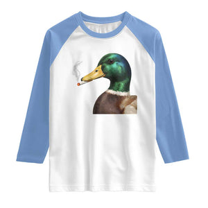 Smoking Mallard Meme Graphic Raglan Shirt Chaotic Funny Wild Duck Attitude Viral Internet Humor TS02 White Carolina Blue Print Your Wear
