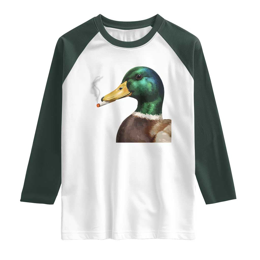 Smoking Mallard Meme Graphic Raglan Shirt Chaotic Funny Wild Duck Attitude Viral Internet Humor TS02 White Dark Forest Green Print Your Wear