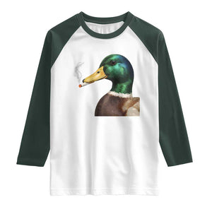 Smoking Mallard Meme Graphic Raglan Shirt Chaotic Funny Wild Duck Attitude Viral Internet Humor TS02 White Dark Forest Green Print Your Wear