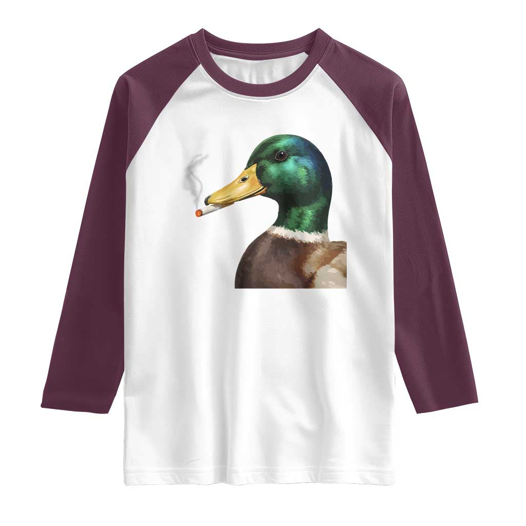 Smoking Mallard Meme Graphic Raglan Shirt Chaotic Funny Wild Duck Attitude Viral Internet Humor TS02 White Maroon Print Your Wear