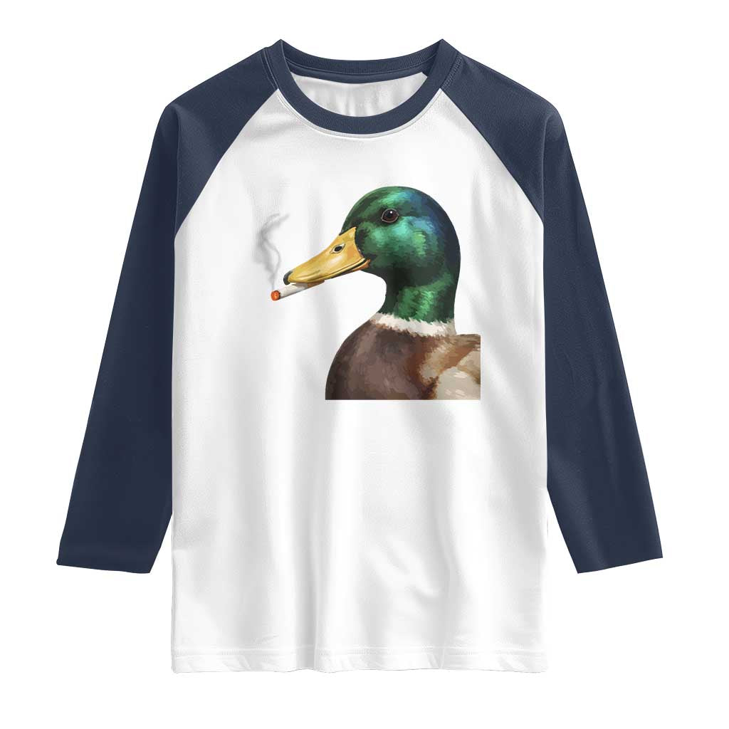 Smoking Mallard Meme Graphic Raglan Shirt Chaotic Funny Wild Duck Attitude Viral Internet Humor TS02 White Navy Print Your Wear