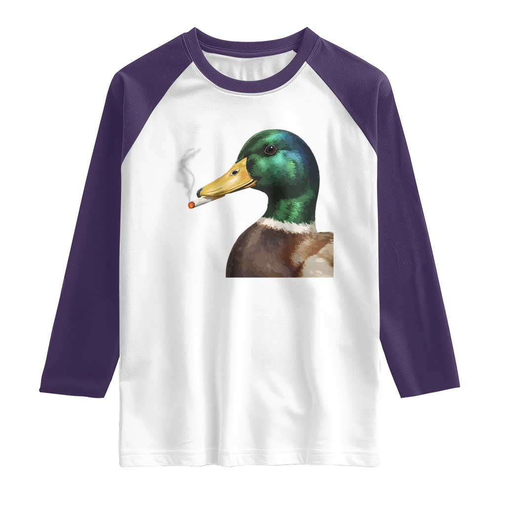 Smoking Mallard Meme Graphic Raglan Shirt Chaotic Funny Wild Duck Attitude Viral Internet Humor TS02 White Purple Print Your Wear