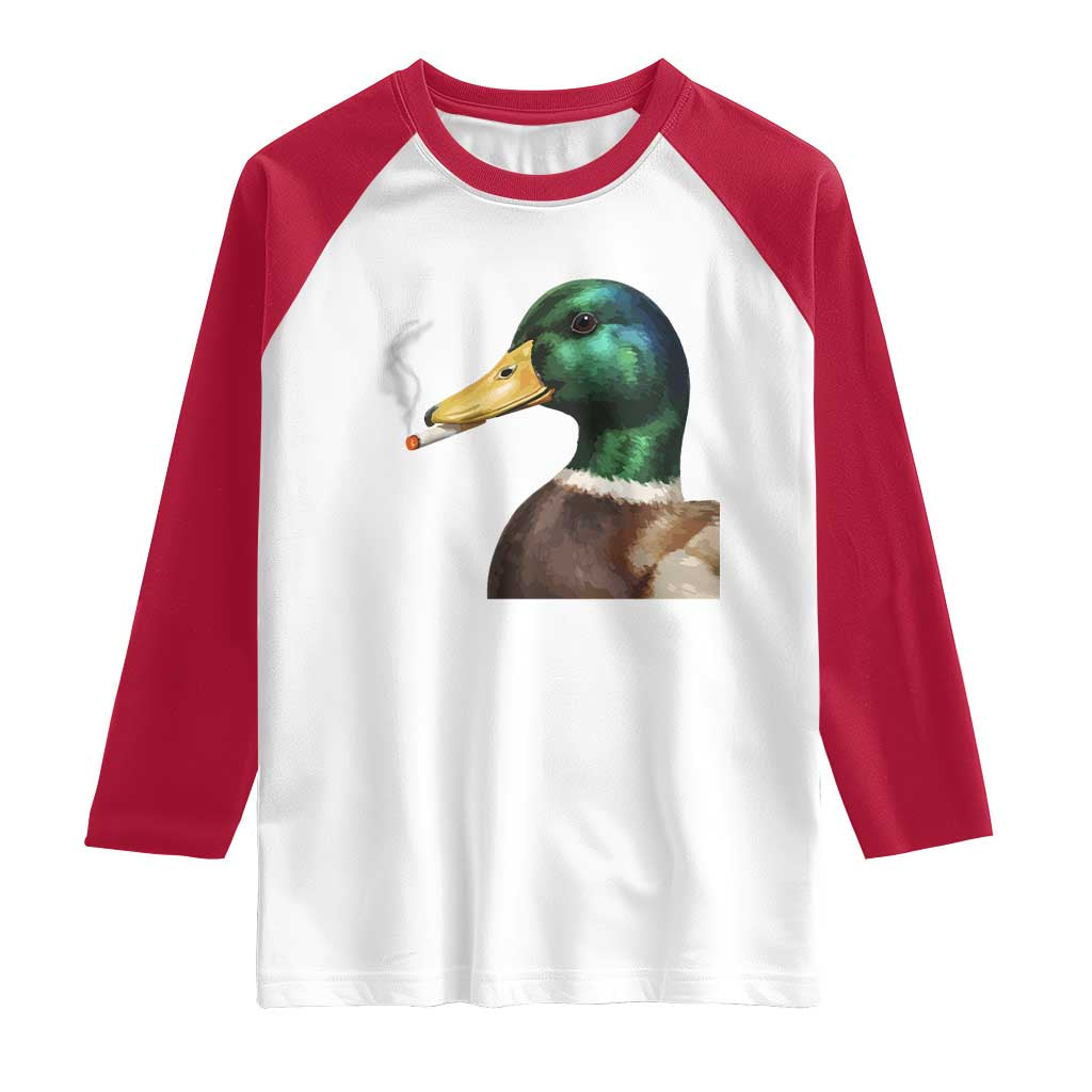 Smoking Mallard Meme Graphic Raglan Shirt Chaotic Funny Wild Duck Attitude Viral Internet Humor TS02 White Red Print Your Wear