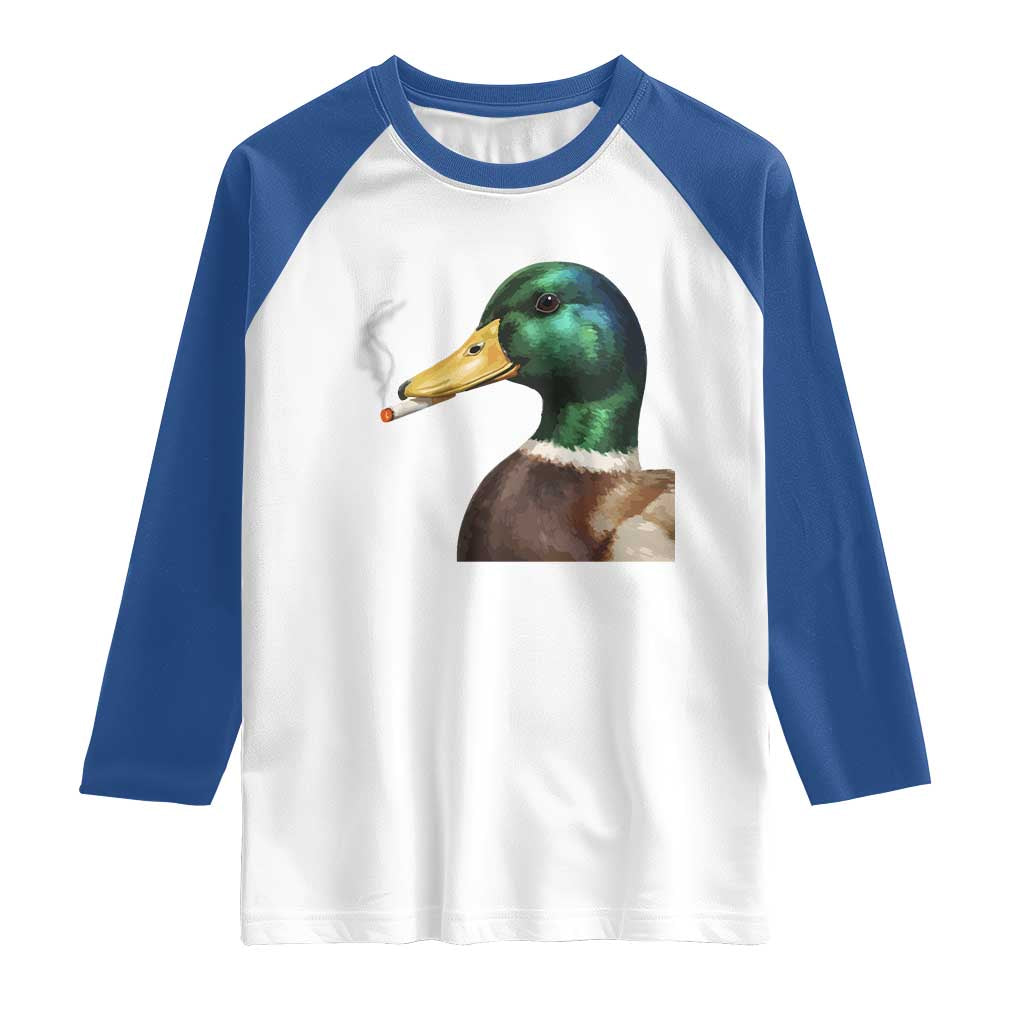 Smoking Mallard Meme Graphic Raglan Shirt Chaotic Funny Wild Duck Attitude Viral Internet Humor TS02 White Royal Print Your Wear