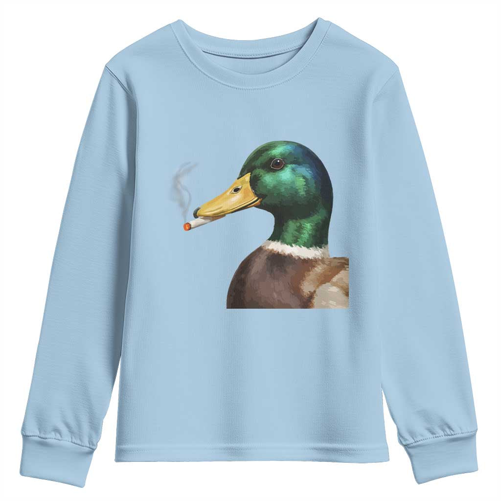 Smoking Mallard Meme Graphic Youth Sweatshirt Chaotic Funny Wild Duck Attitude Viral Internet Humor TS02 Light Blue Print Your Wear