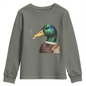 Smoking Mallard Meme Graphic Youth Sweatshirt Chaotic Funny Wild Duck Attitude Viral Internet Humor TS02 Military Green Print Your Wear