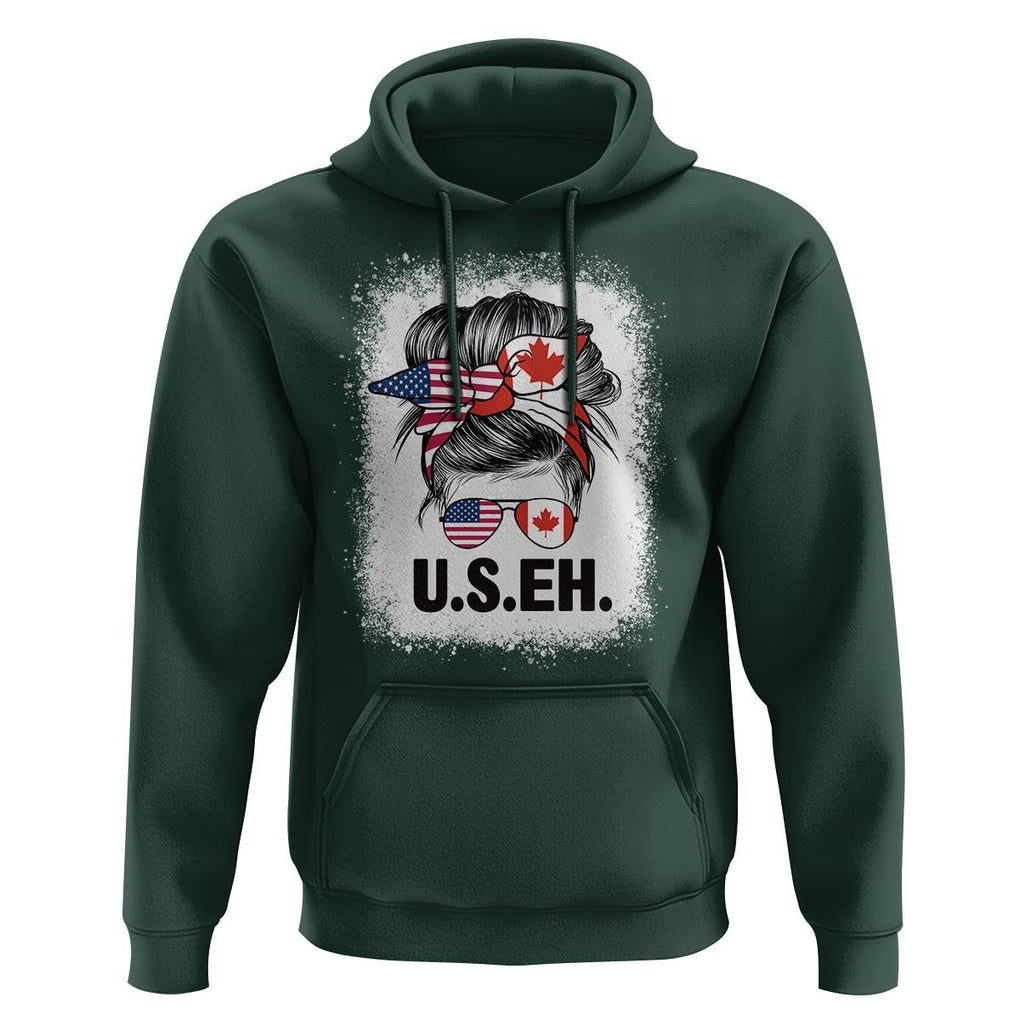 Funny American Canadan Bleached Hoodie US EH America Canada Flag Messy Bun TS02 Dark Forest Green Print Your Wear