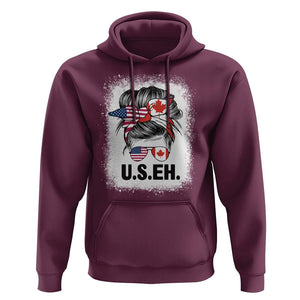Funny American Canadan Bleached Hoodie US EH America Canada Flag Messy Bun TS02 Maroon Print Your Wear