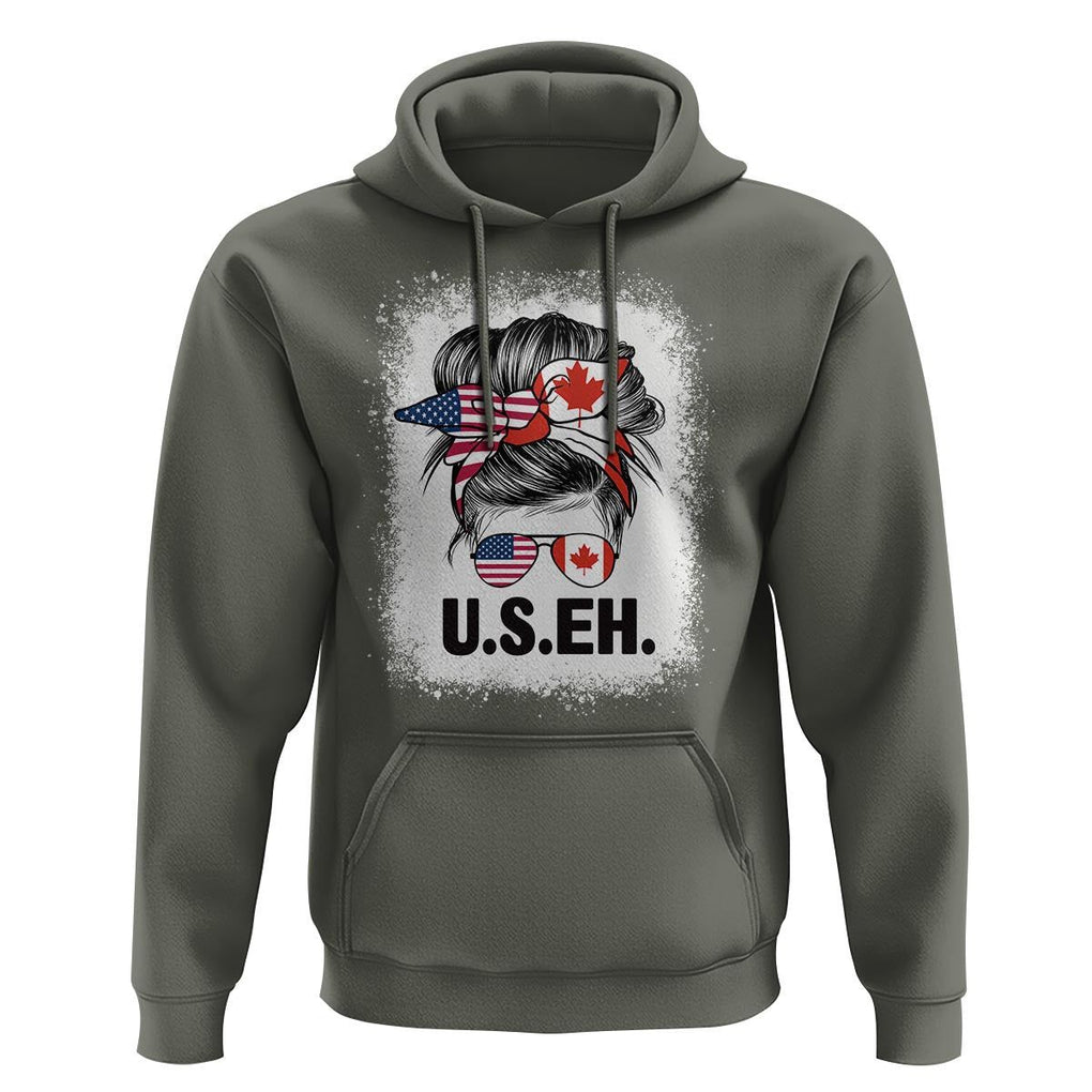 Funny American Canadan Bleached Hoodie US EH America Canada Flag Messy Bun TS02 Military Green Print Your Wear