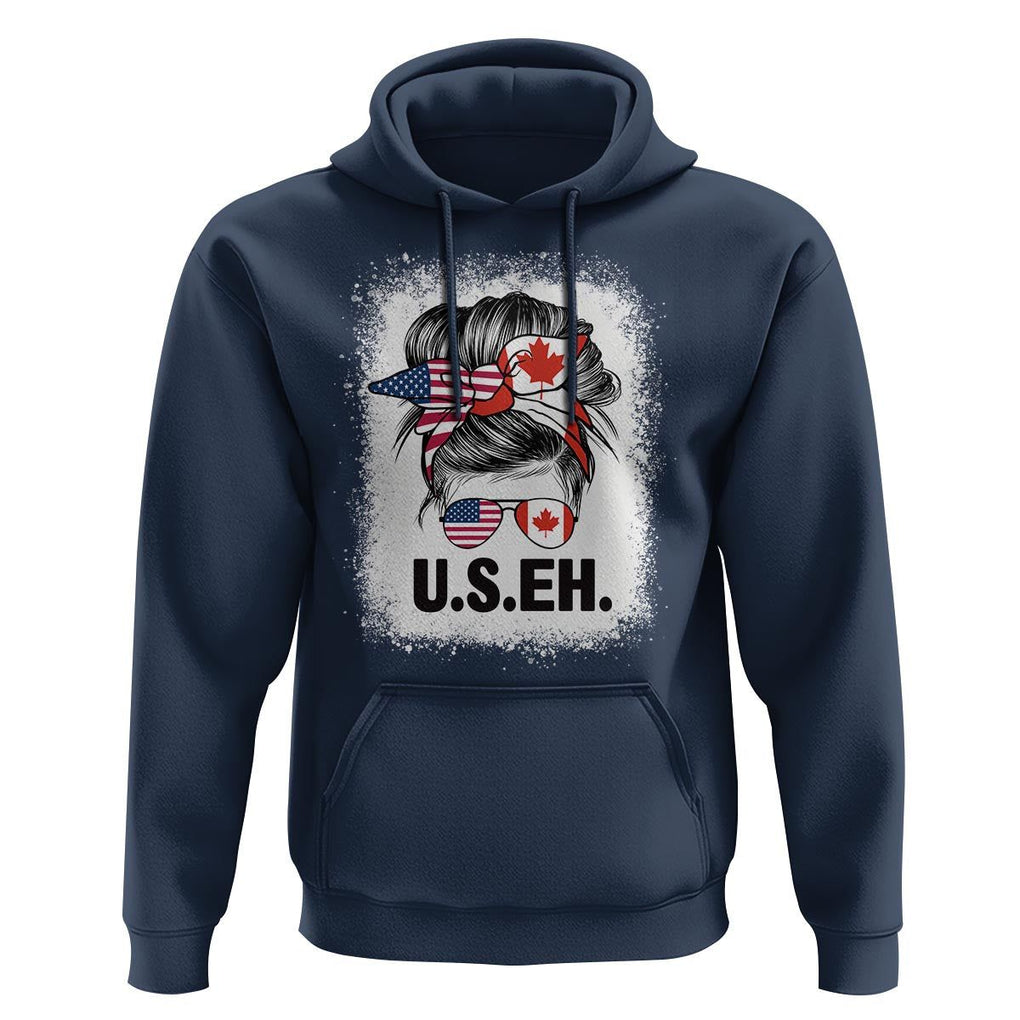 Funny American Canadan Bleached Hoodie US EH America Canada Flag Messy Bun TS02 Navy Print Your Wear