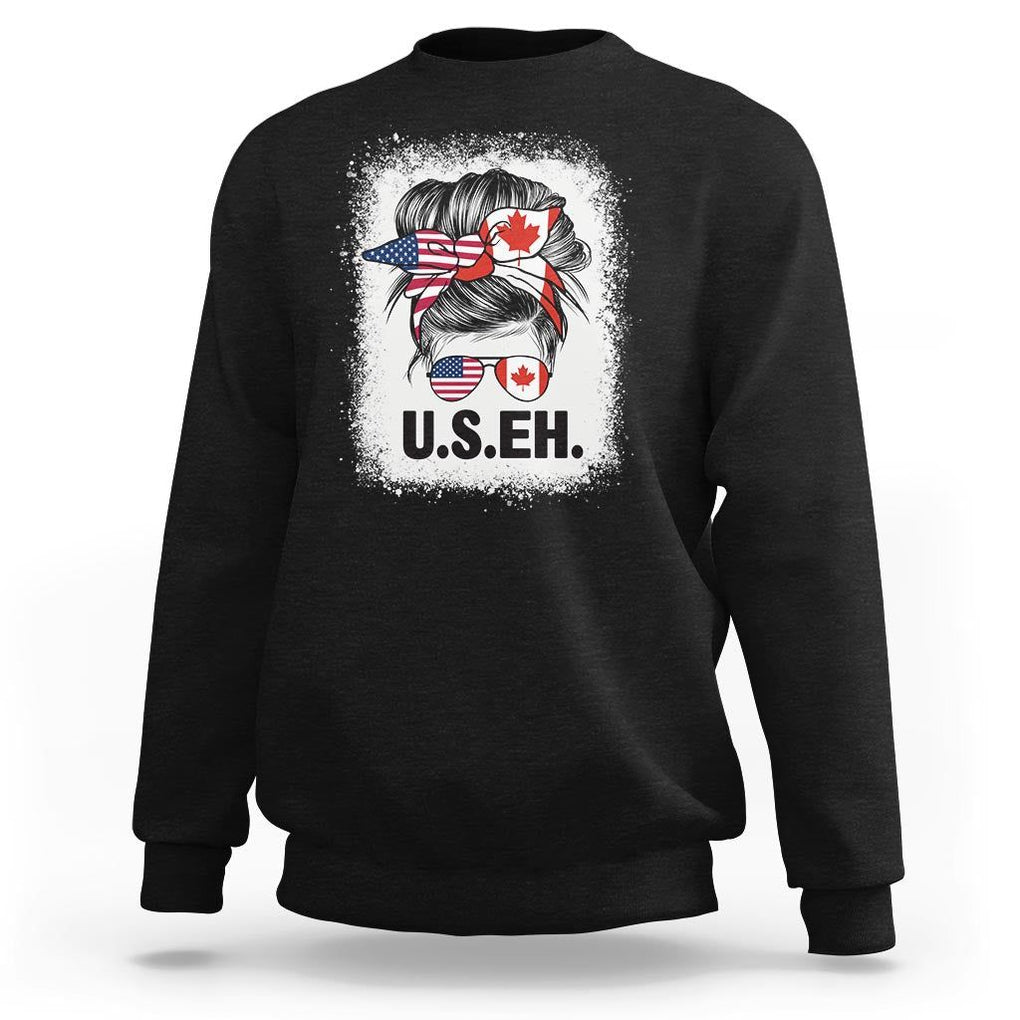 Funny American Canadan Bleached Sweatshirt US EH America Canada Flag Messy Bun TS02 Black Print Your Wear