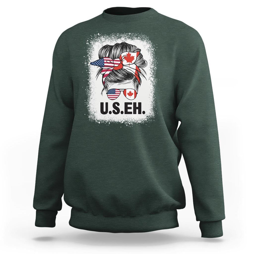 Funny American Canadan Bleached Sweatshirt US EH America Canada Flag Messy Bun TS02 Dark Forest Green Print Your Wear