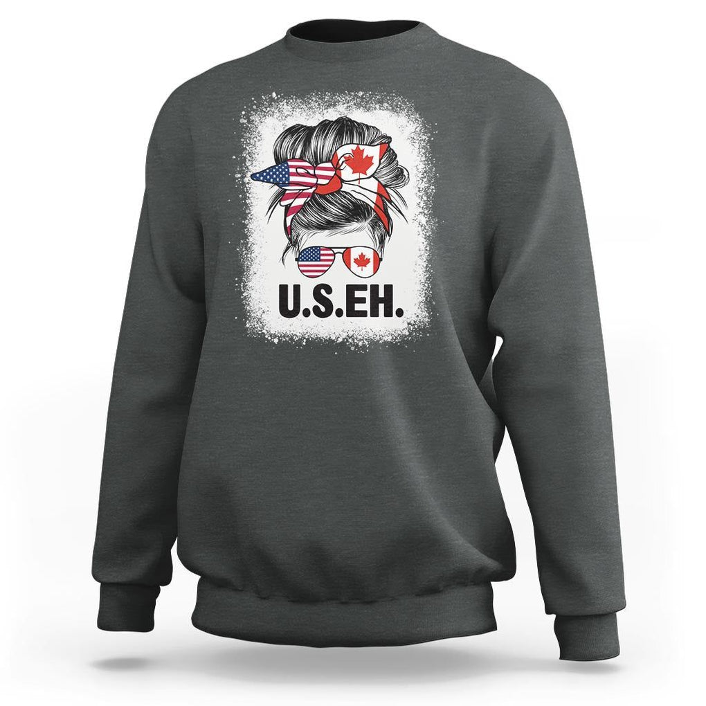 Funny American Canadan Bleached Sweatshirt US EH America Canada Flag Messy Bun TS02 Dark Heather Print Your Wear