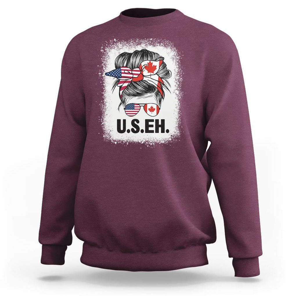 Funny American Canadan Bleached Sweatshirt US EH America Canada Flag Messy Bun TS02 Maroon Print Your Wear