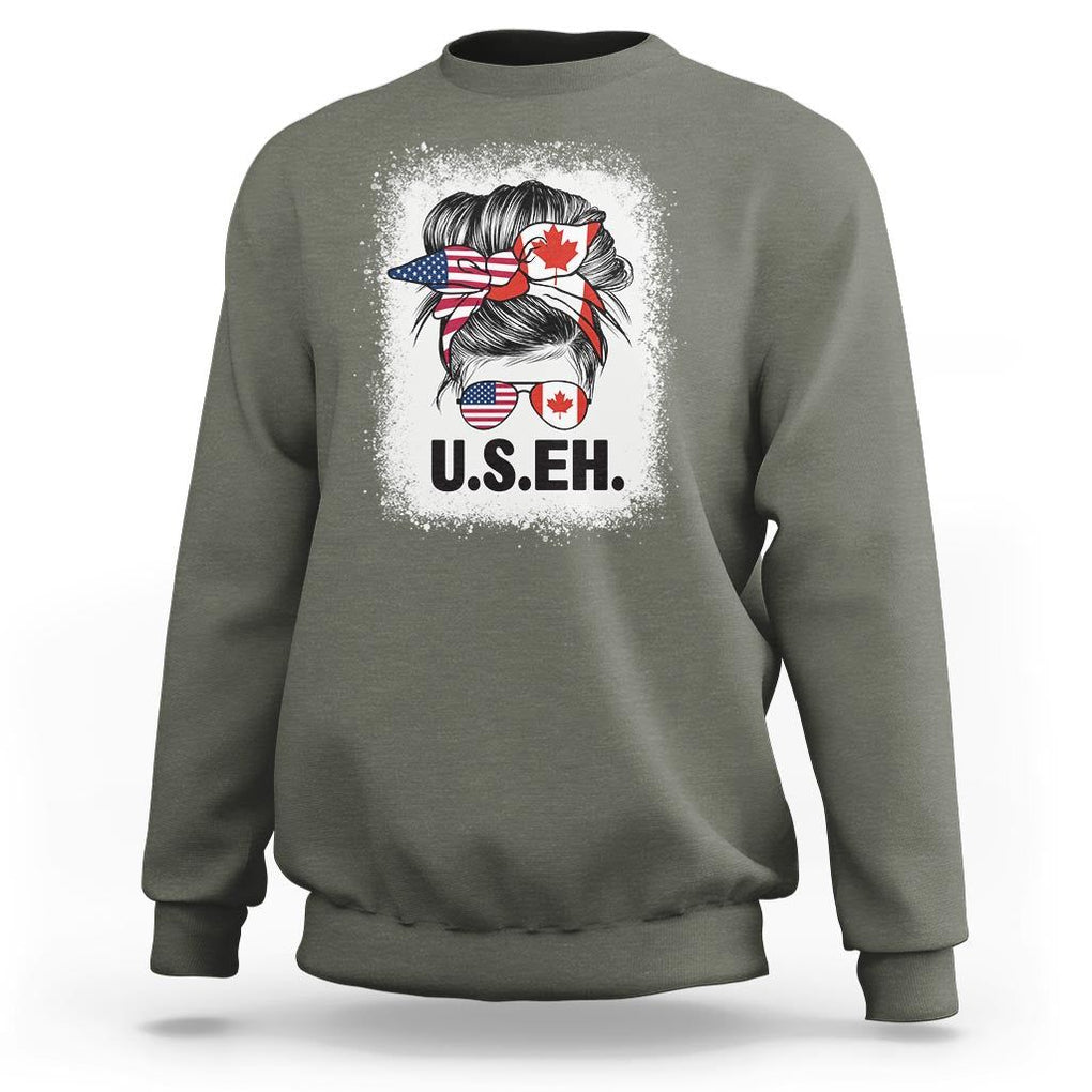 Funny American Canadan Bleached Sweatshirt US EH America Canada Flag Messy Bun TS02 Military Green Print Your Wear
