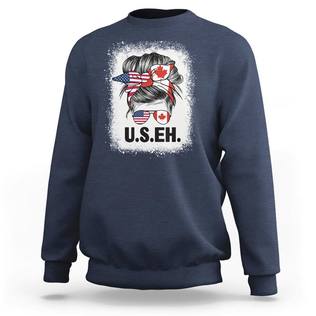 Funny American Canadan Bleached Sweatshirt US EH America Canada Flag Messy Bun TS02 Navy Print Your Wear