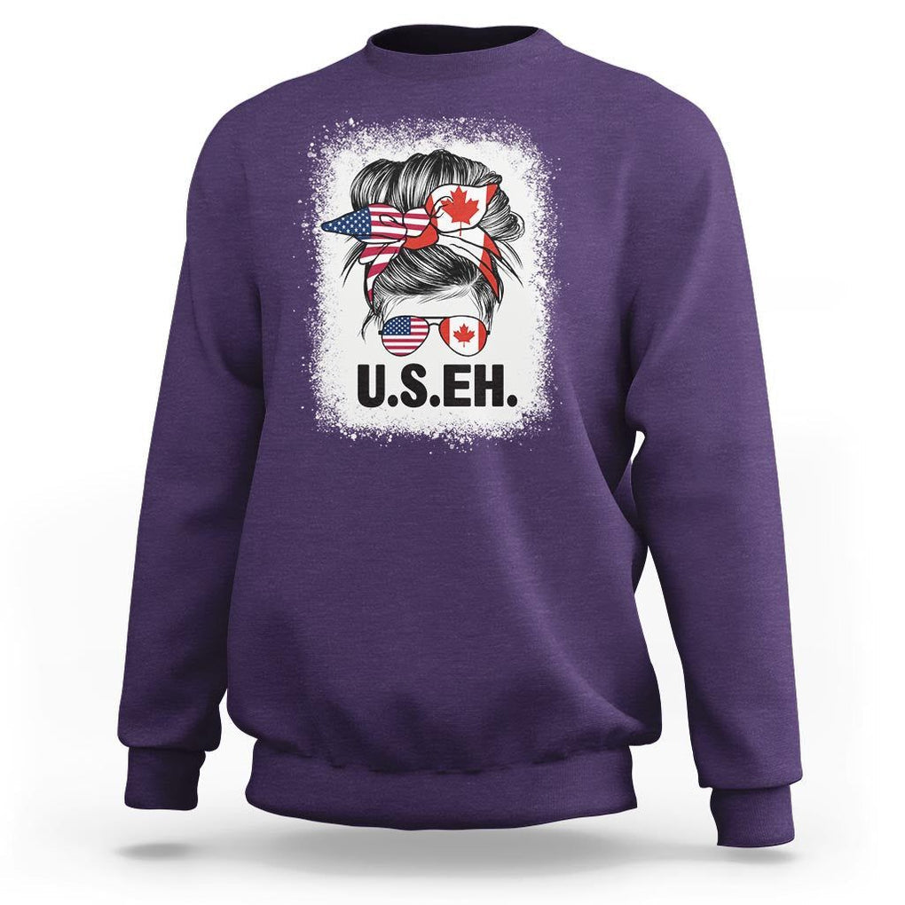 Funny American Canadan Bleached Sweatshirt US EH America Canada Flag Messy Bun TS02 Purple Print Your Wear