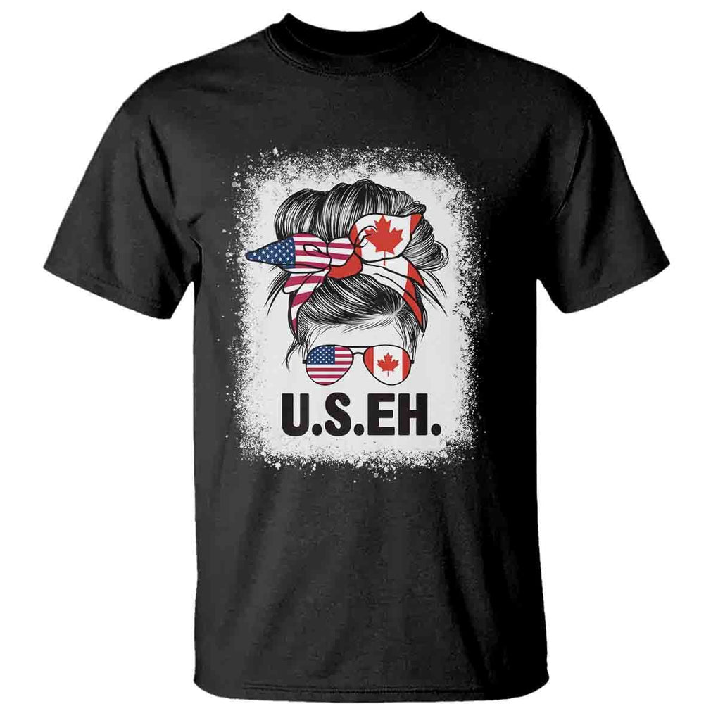 Funny American Canadan Bleached T Shirt US EH America Canada Flag Messy Bun TS02 Black Print Your Wear