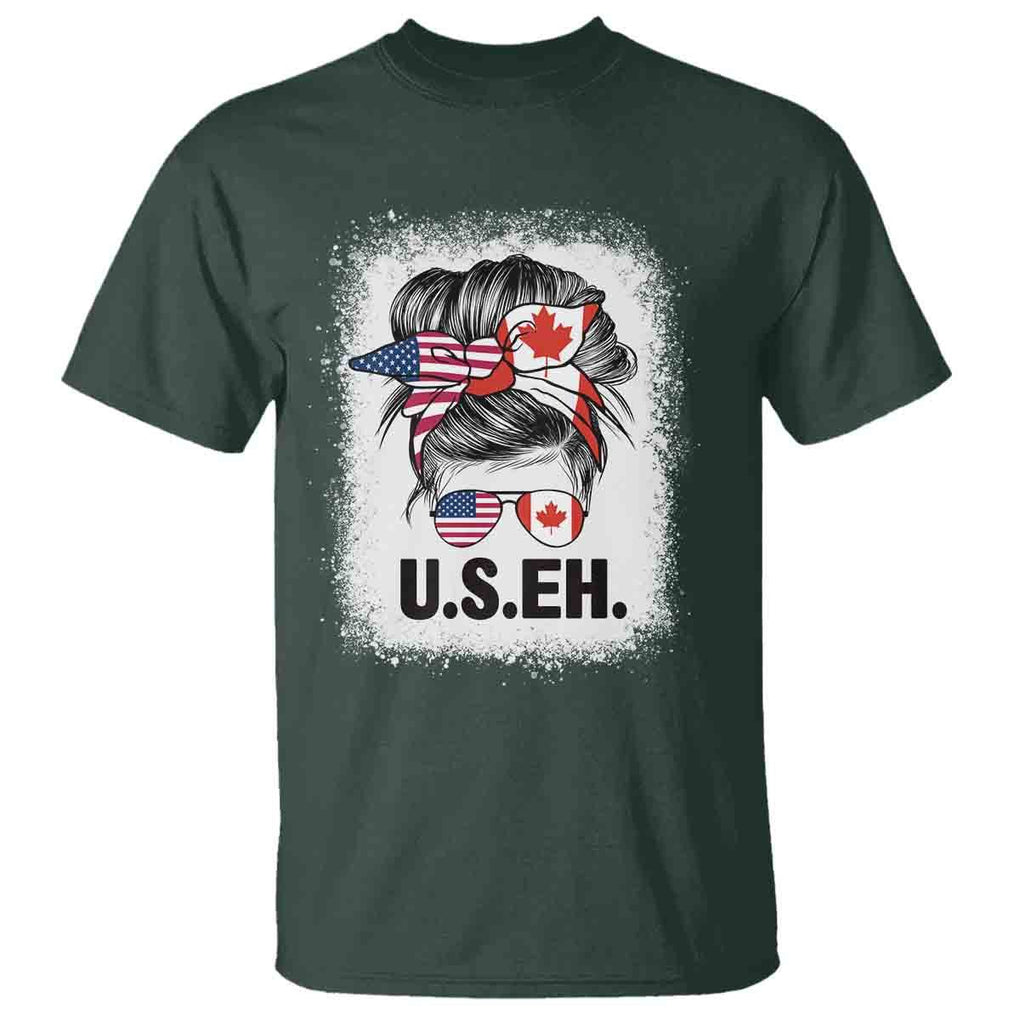 Funny American Canadan Bleached T Shirt US EH America Canada Flag Messy Bun TS02 Dark Forest Green Print Your Wear