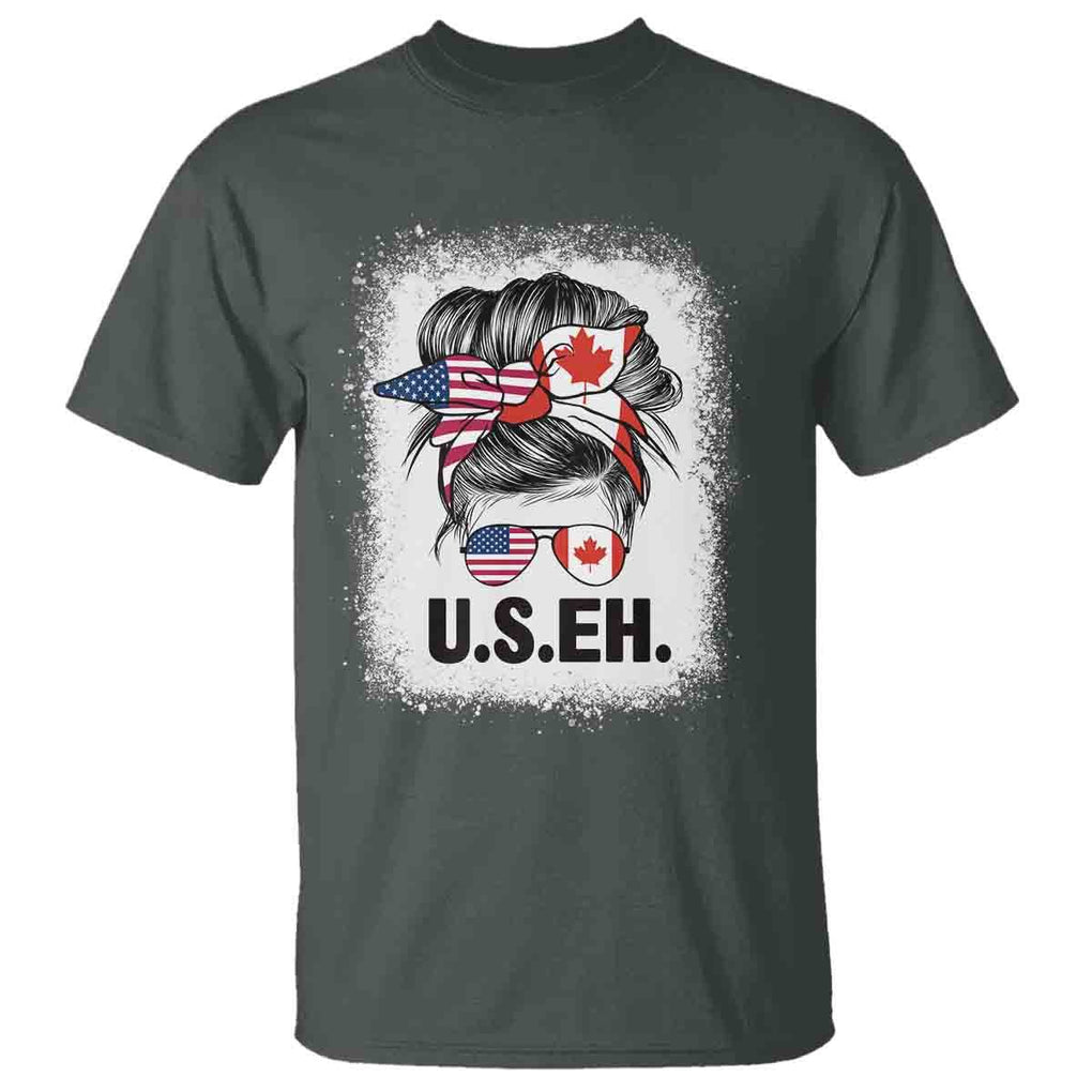 Funny American Canadan Bleached T Shirt US EH America Canada Flag Messy Bun TS02 Dark Heather Print Your Wear