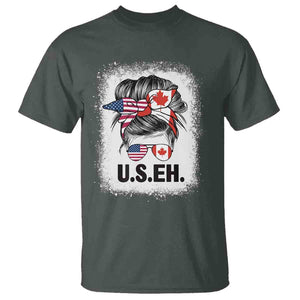 Funny American Canadan Bleached T Shirt US EH America Canada Flag Messy Bun TS02 Dark Heather Print Your Wear