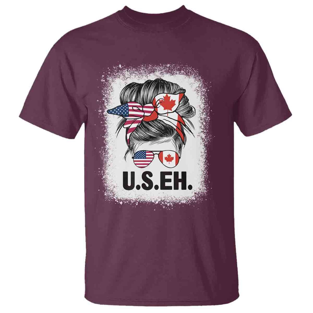 Funny American Canadan Bleached T Shirt US EH America Canada Flag Messy Bun TS02 Maroon Print Your Wear